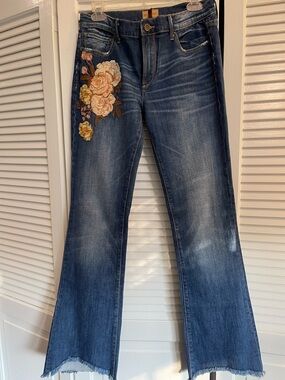 DRIFTWOOD Dark Blue Flare Jeans with Floral Embroidery